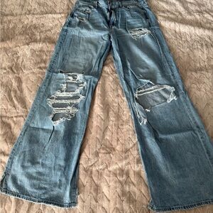 American Eagle Outfitters Light Blue Distressed Wide Leg Jeans